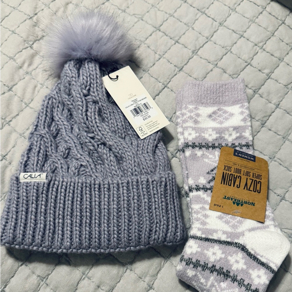 Calia Lilac Cable Knit Pom beanie & Northeast Outfitters Cozy Cabin socks